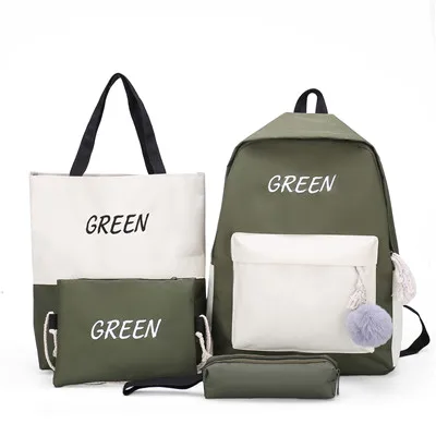 green pink letter embroidery patchwork backpack womens backpack canvas bag shoulder school bags for girls ladies backpack purse set - Цвет: green