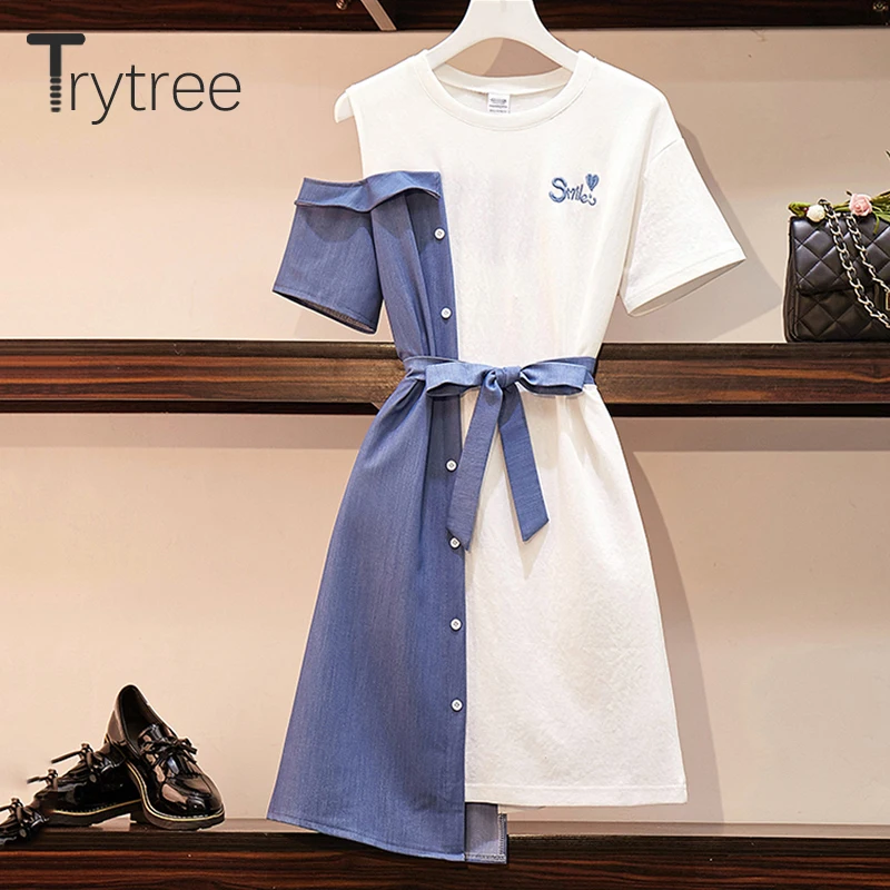 Trytree/летнее платье для женщин Повседневная Асимметричная хлопковая Футболка с
