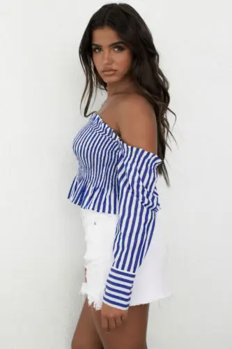 Женская блузка с открытыми плечами укороченный топ осенняя длинным рукавом в