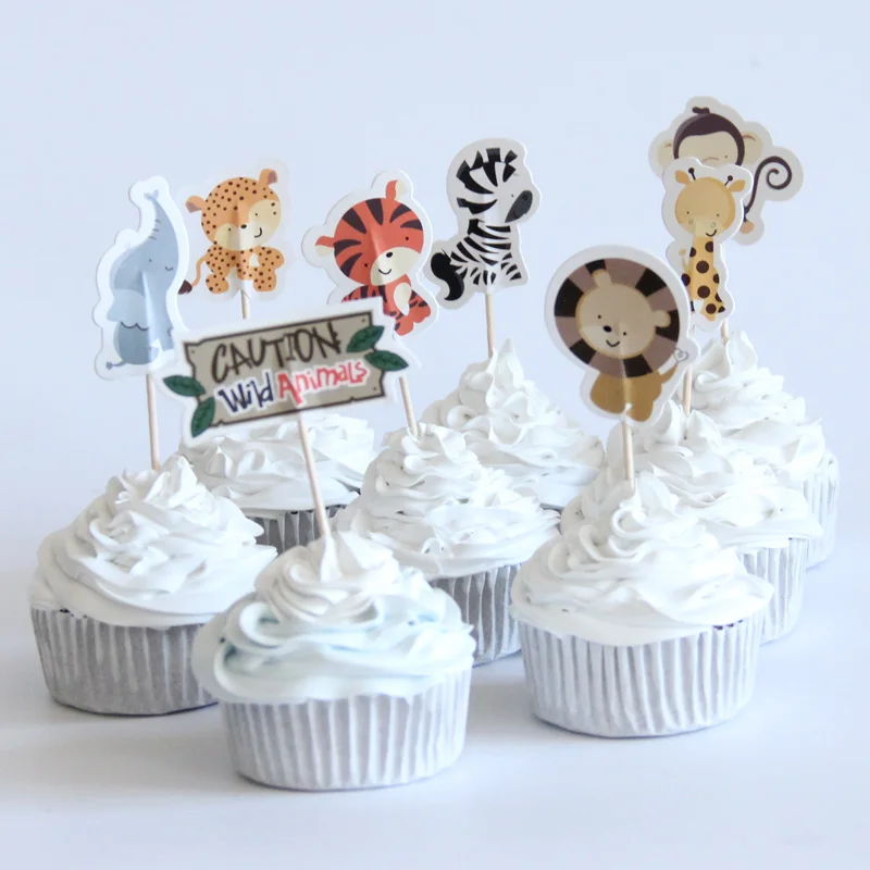 Cake topper 24pcs Вечерние шары из фольги льва и тигра, одноразовая бумажная посуда, салфетка для чашек, сафари, зоо, вечерние принадлежности - Цвет: Cake topper 24pcs