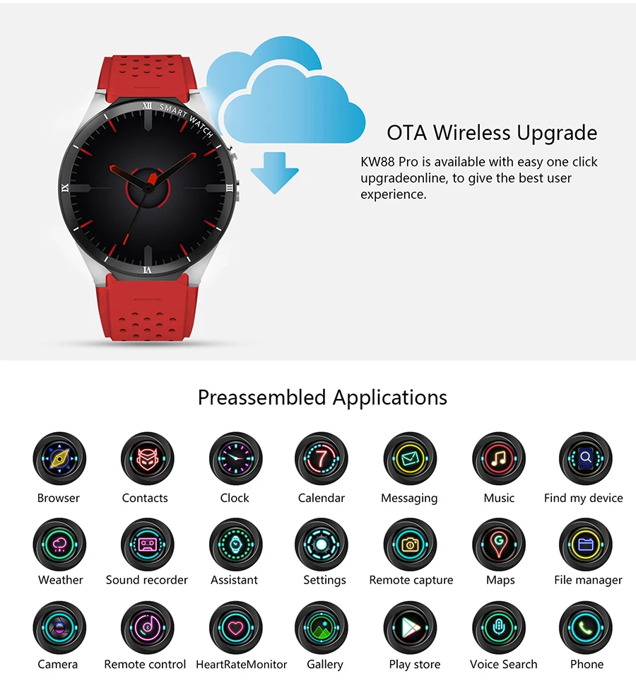 Kospet KW88 PRO 1,3" Bluetooth 4,0 Android 7,0 4 ядра Сенсорный экран 1 Гб оперативной памяти, 16 Гб встроенной памяти, MTK6580 gps Носимых устройств 3g Смарт-часы-телефон