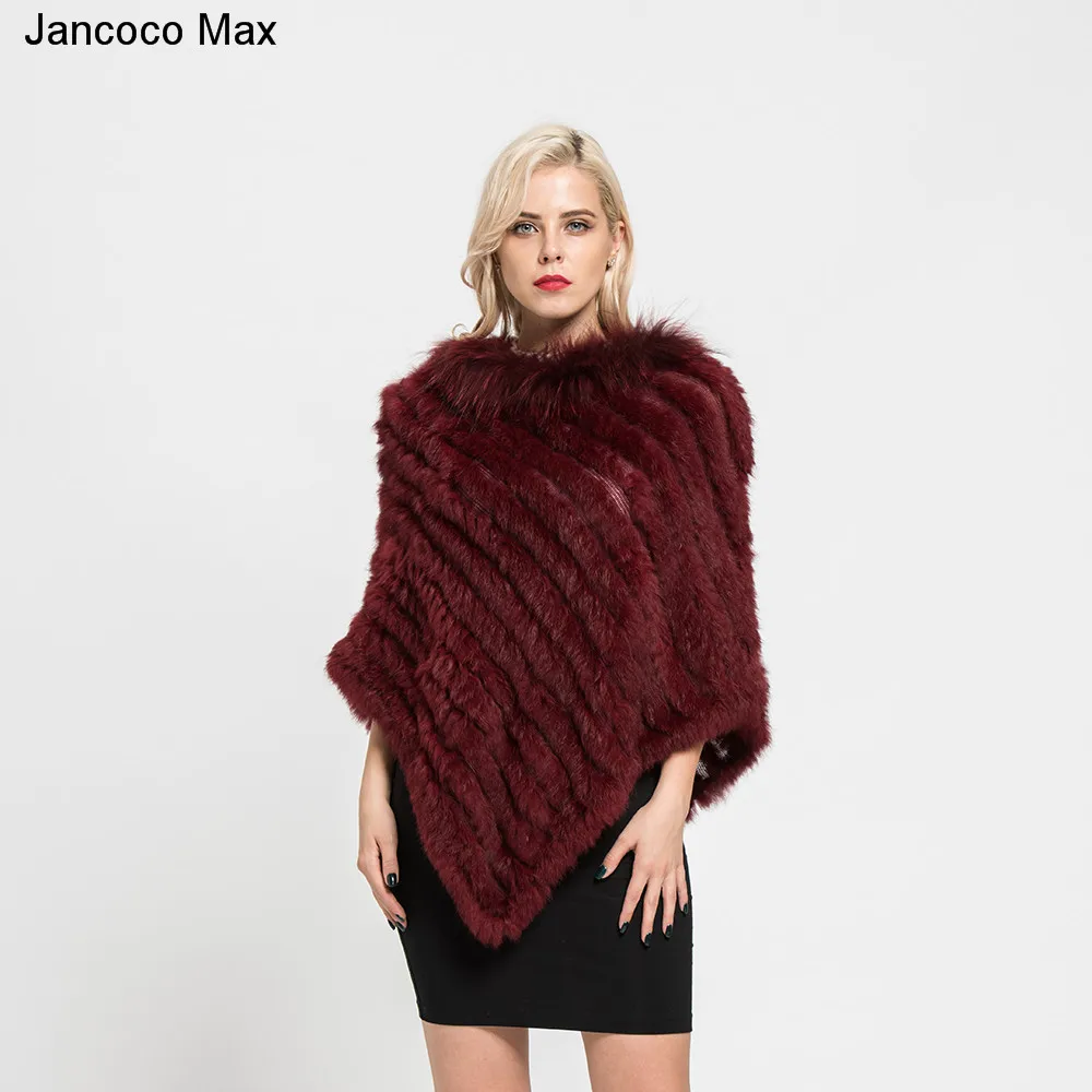 Jancoco Max Новое поступление Настоящее кроличье меховое Вязаное пончо воротник из меха енота шали женские зимние накидки пуловер S7110
