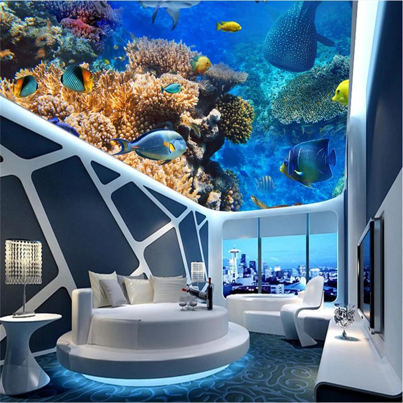 wellyu Custom wallpaper 3d murals beautiful underwater world fish creatures zenith ceiling fresco papel de parede | Обустройство дома