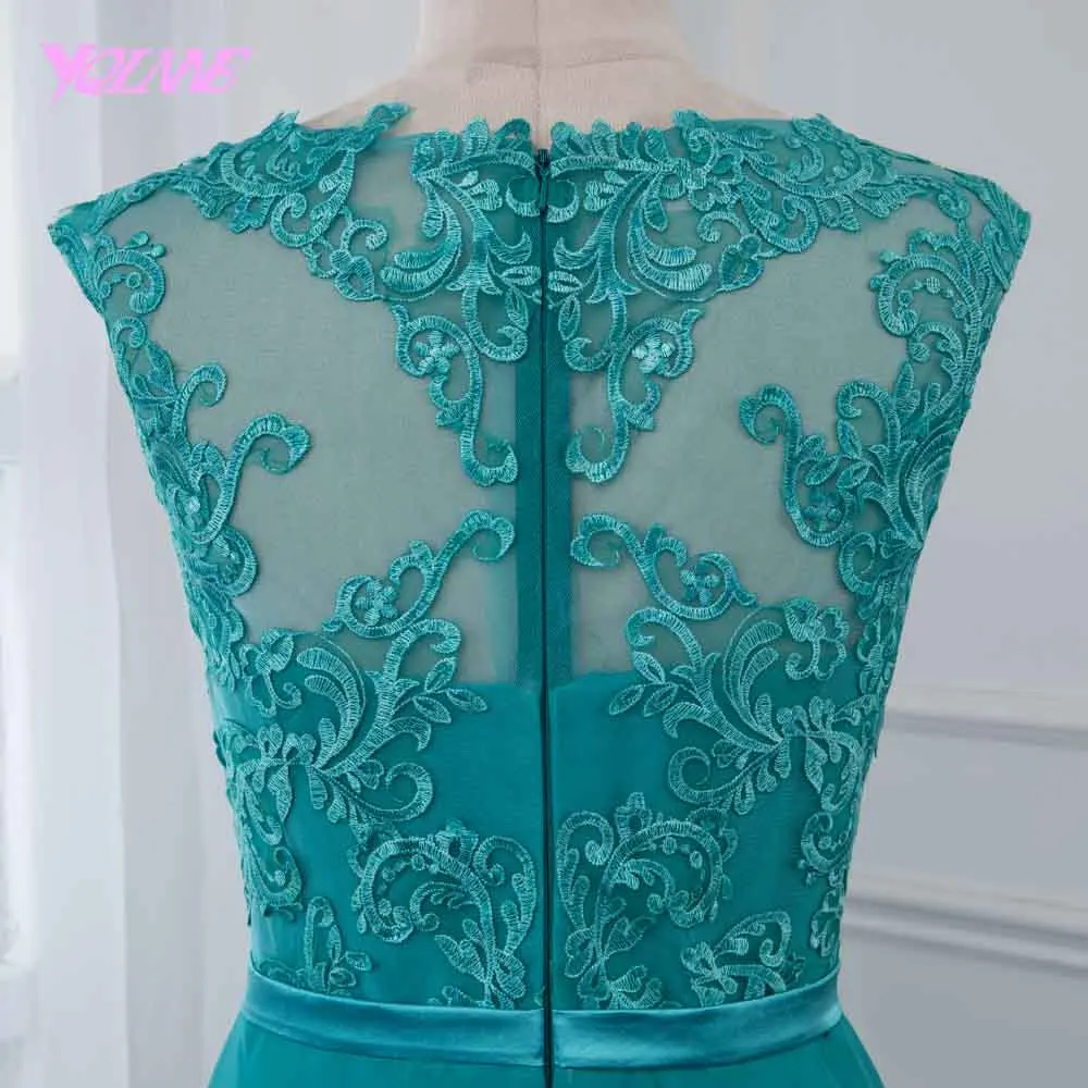 YQLNNE элегантное Изумрудное зеленое длинное шифоновое платье для выпускного вечера вечернее платье с кружевной аппликацией платье с молнией сзади длина до пола