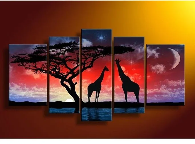 100% ручная роспись звездная ночь жираф дерево пейзаж стены дома декор картина