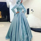 Светильник синий мусульманское свадебное платье хиджаба, длинный рукав турецкого исламского Свадебные платья 2020 с кружевной оборкой, мягкие, сатиновое свадебное платье Vestido De Noiva