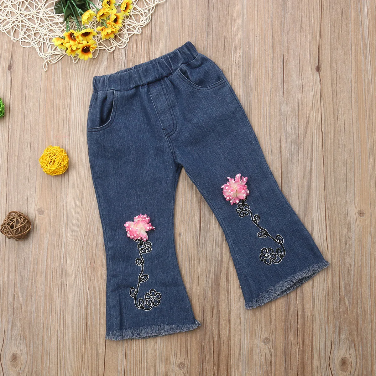 US 2-7Y Kids Baby Girls Flower Elastic Waist Bule Denim Jeans Tassels Long Pants | Детская одежда и обувь