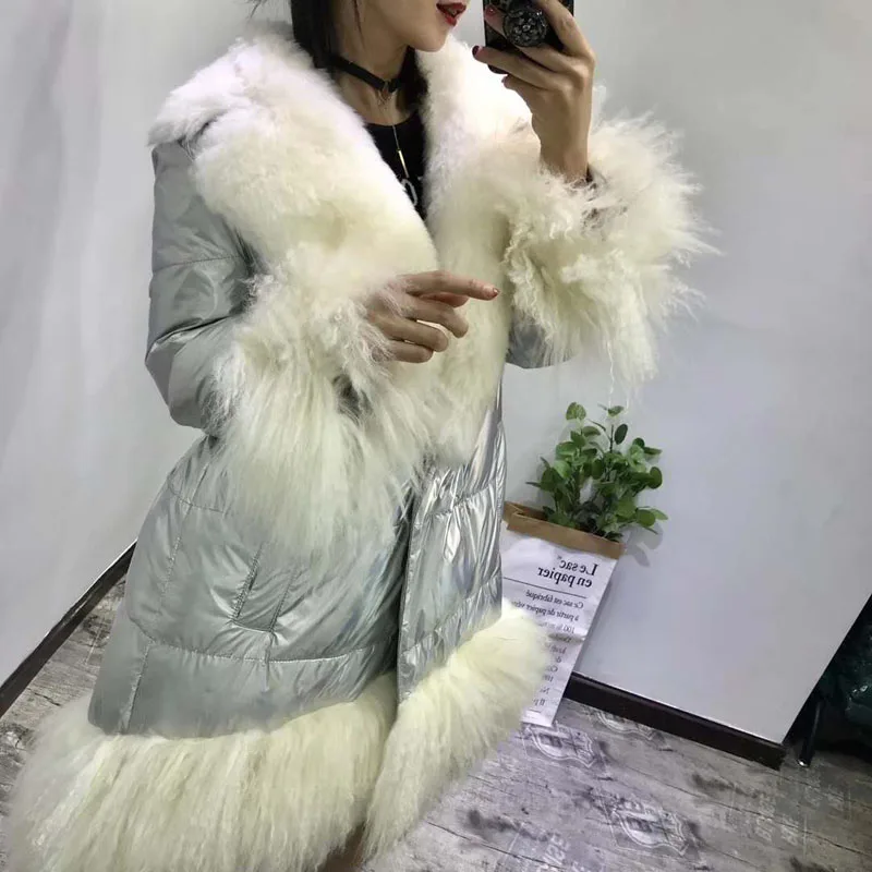 Abrigo mujer пуховик, толстое теплое зимнее пальто для женщин, новинка, модные длинные парки серебристого цвета с большим меховым воротником из овечьей шерсти