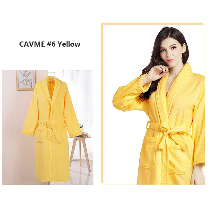 CAVME 6 Yellow Хлопковый махровый халат для пары, кимоно, полотенце, халат для отеля, халаты для женщин и мужчин, длинный халат для отдыха, длинный рукав, ночной халат - Цвет: CAVME 6 Yellow