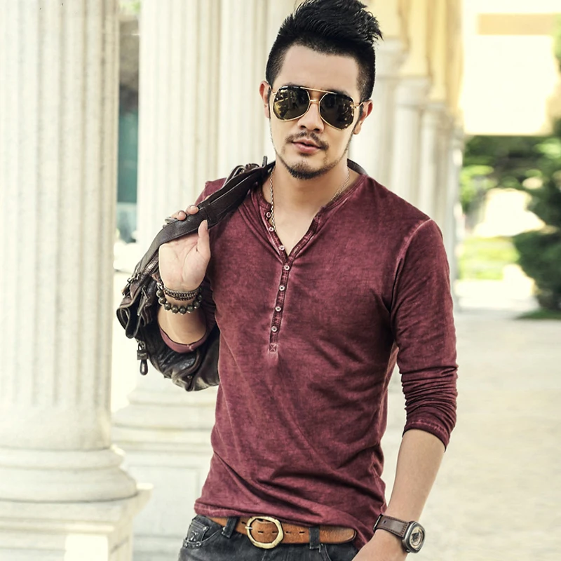 Мужская хлопковая футболка с длинным рукавом V-образным вырезом | одежда