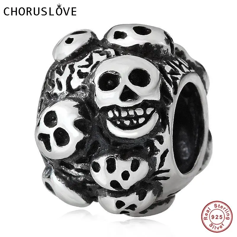 Choruslove Antique 925 Sterling Silver Special Skull Beads fit Pandora Charm Original Bracelet Halloween Gifts