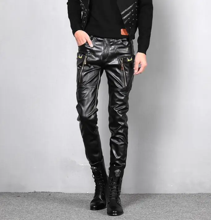

2020 winter personality Windproof motorcycle faux leather pants mens feet pants pu trousers for men pantalon homme velvet