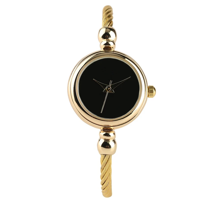 Уникальный Женский браслет часы маленький Гладкий циферблат топ роскошный серебряный тонкий ремешок Корейский ретро искусство женские часы кварцевые часы подарок час - Цвет: gold black