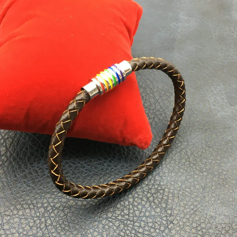 

Коричневый кожаный Радужный Браслет из нержавеющей стали с магнитной пряжкой, гей-браслет, аксессуары из нержавеющей стали, мужские ювелир...