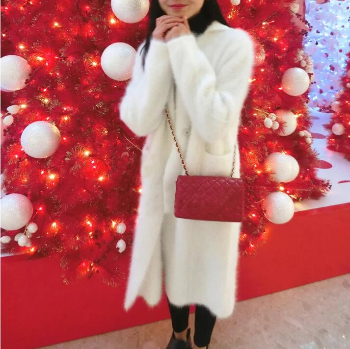 Длинное кашемировое пальто из натуральной норки женский теплый свитер