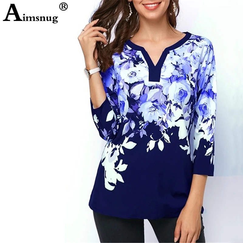 Большие размеры 4xl 5xl Новинки для женщин Лето Boho с цветочным принтом топы три четверти рукав футболка с v-образным вырезом Женские повседневные футболки
