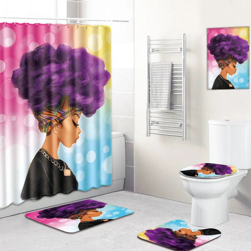 

4 Pcs/Set African American Girl Shower Curtain Bath Rug Set Toilet Cover Bath Mat Set Bathroom Accessories Curtains With Hooks