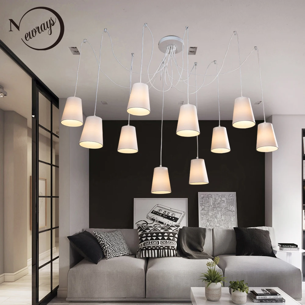 

Modern Fashion large spider braided chandeliers white black fabric shades 10 lights Hanging Clusters ceiling lamp living room