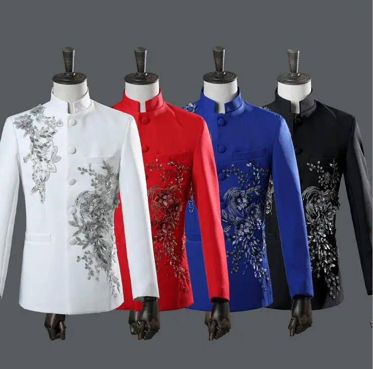 

Singer stage stand collar men groom suit set with pants 2020 mens wedding suits Three-dimensional bilateral mosaic diamond whit
