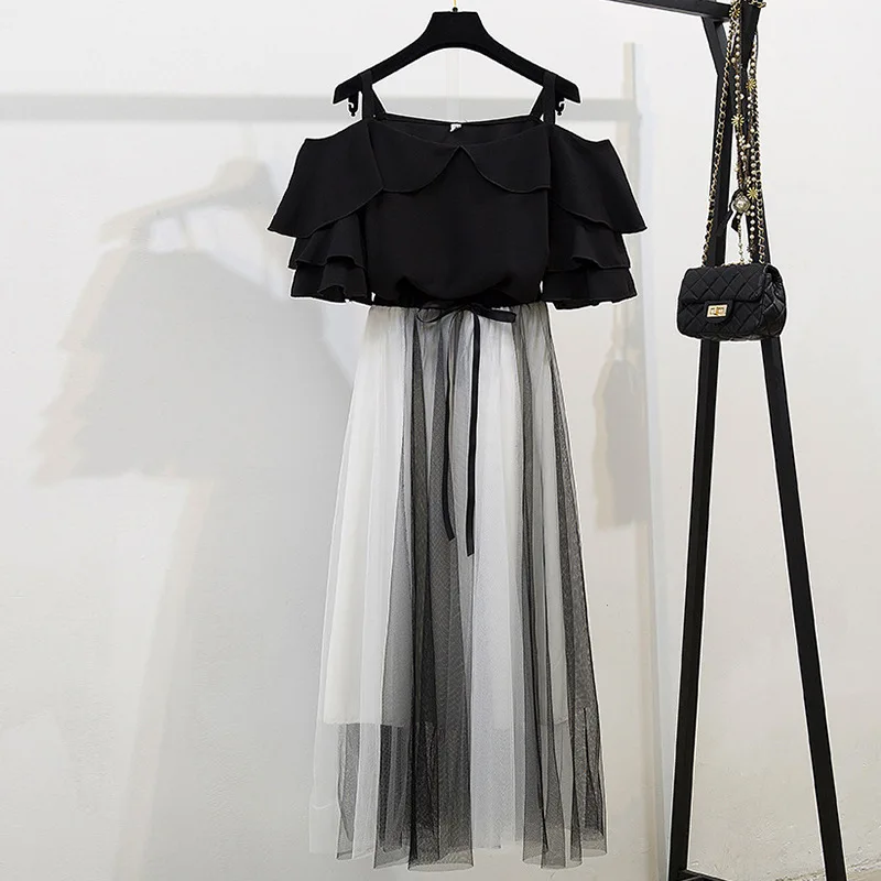 

ICHOIX 2 Pieces sets women Korean style strap white dress ruffles shirt 2 piece skirt set 2 pieces summer outfits long skirt set