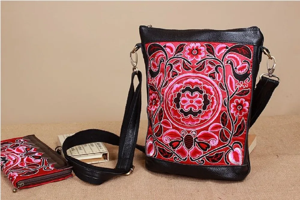 Кожа вышитые женщины Crossbody Сумка атласная Вышивка красивые модные женские туфли
