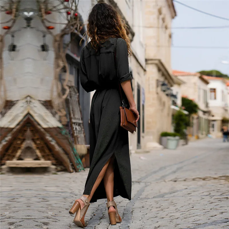 Summer Vestidos de fiesta Causal Loose Half Sleeve Long Collar Neck Solid Color Open with Split Button Women Party Dress W1017 | Женская