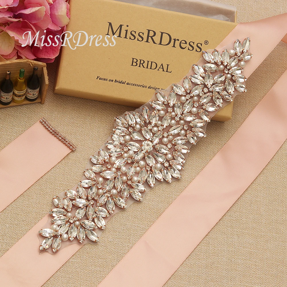

MissRDress Pearls Wedding Belt Sash Rose Gold Crystal Bridal Belt Rhinestones Wedding Sash For Bridal Bridesmaid Dresses JK825