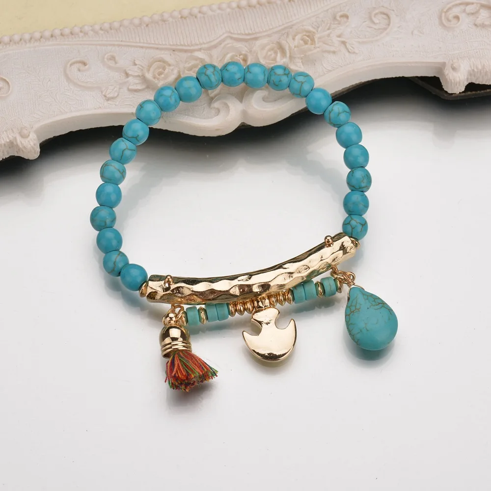 Myelo Ethnic Stone Colorful Tassel Anchor Strand Charm Bracelets Elastic Stretch Beads For Women Party Jewelry Bijoux | Украшения и