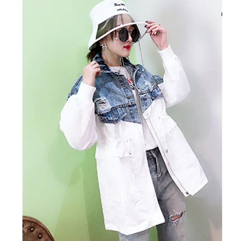 2019 весна осень отверстия женские джинсовые куртки Лоскутная ветровка с