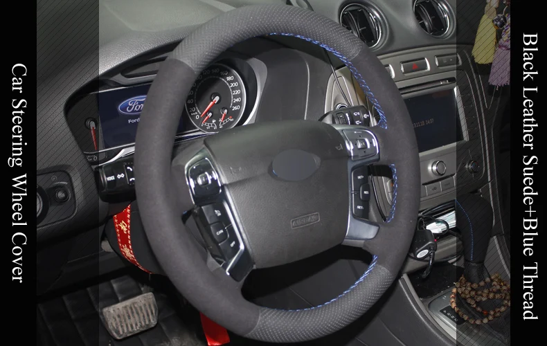 LQTENLEO черного цвета из натуральной кожи и замши, DIY автомобиля рулевое колесо Крышка для Ford Mondeo Mk4 2007-2013 S-Max 2006-2011 Galaxy 2011