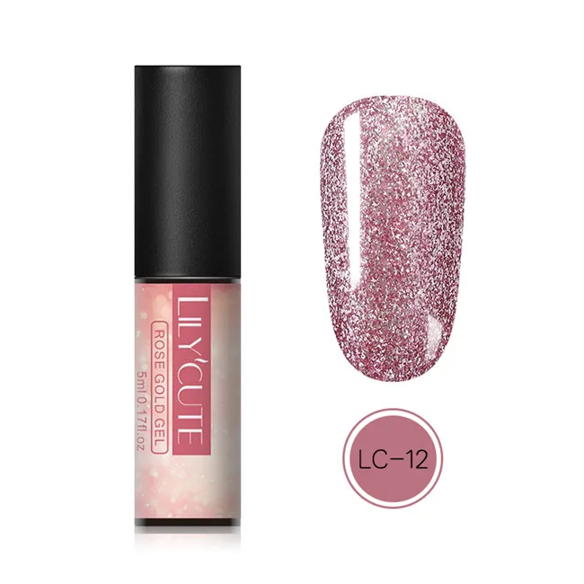 rose gold12 LILYCUTE, 5 мл, светящийся Гель-лак, розовое золото, мерцающий Блестящий Гель-лак, полуперманентный, замачиваемый, УФ светодиодный Гель-лак для ногтей - Цвет: rose gold12