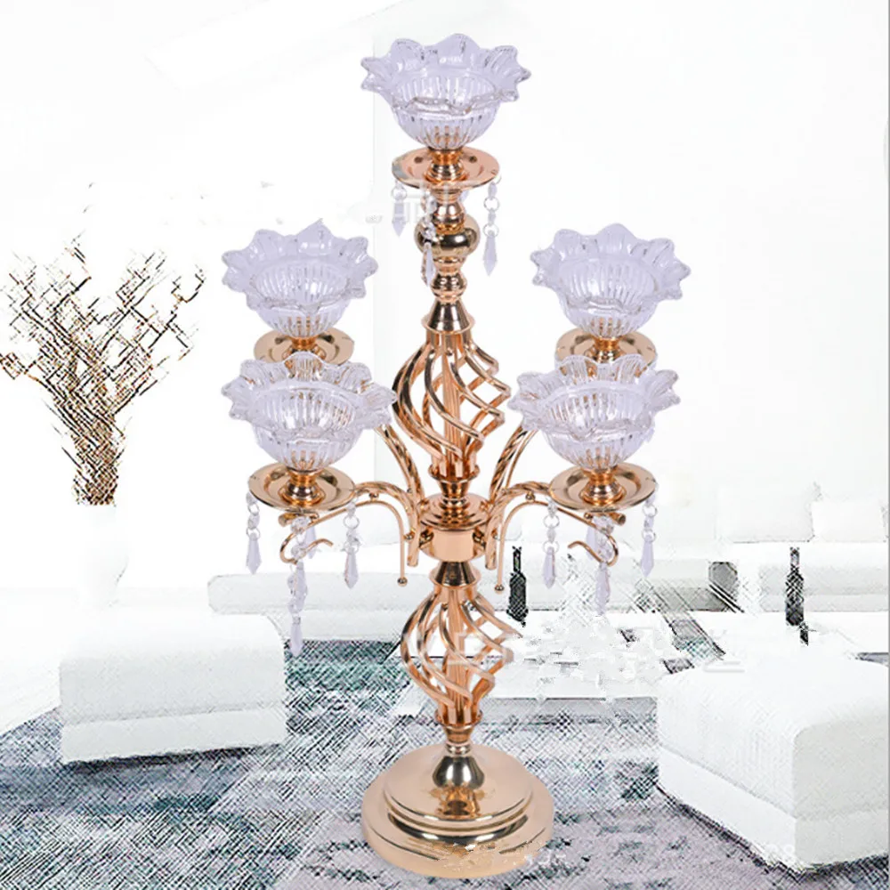 

Gold 5 Heads Candelabra H 68cm Candle Holder with Lotus Candle Cups Exquisite Design Wedding Centerpiece with Pendants