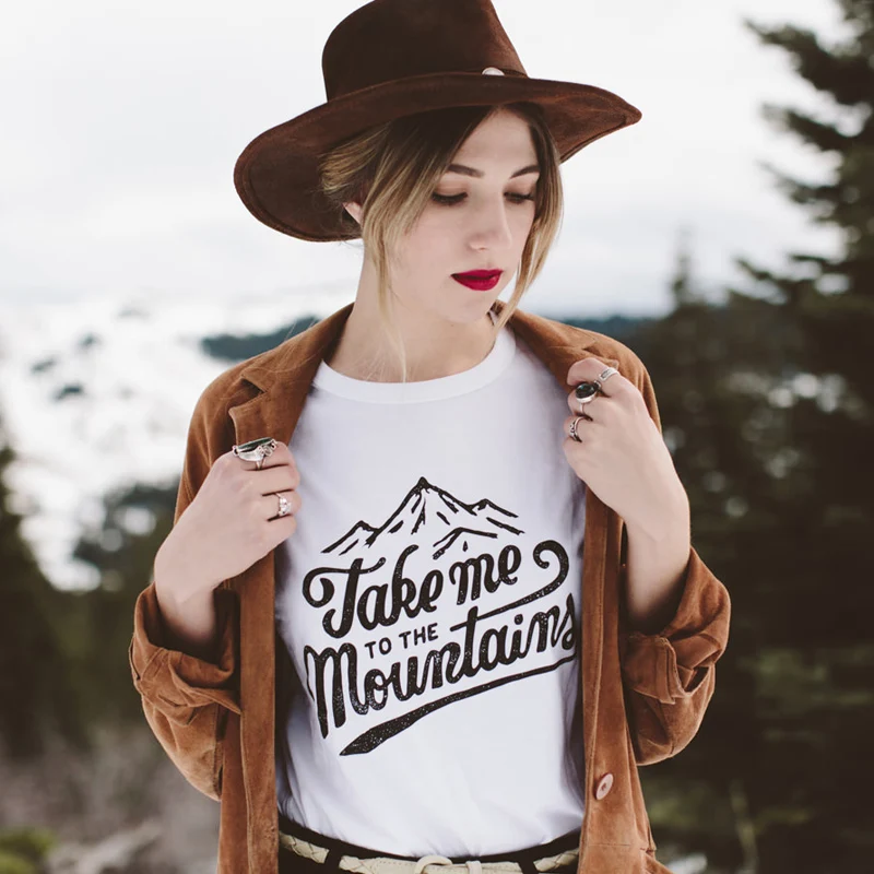 Женская футболка с принтом Take Me To The Mountain | одежда