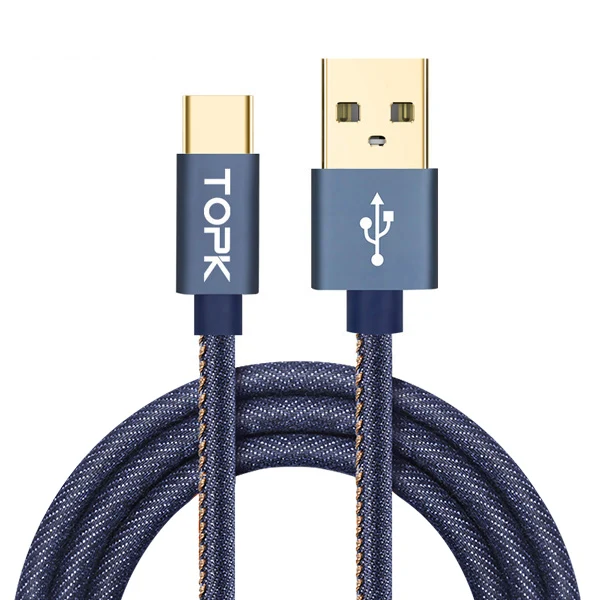 Type-C кабель, TOPK Denim провод USB C позолоченный штекер быстрой зарядки usb type C кабель для MacBook/Xiaomi 4C/Letv/Oneplus - Цвет: Синий