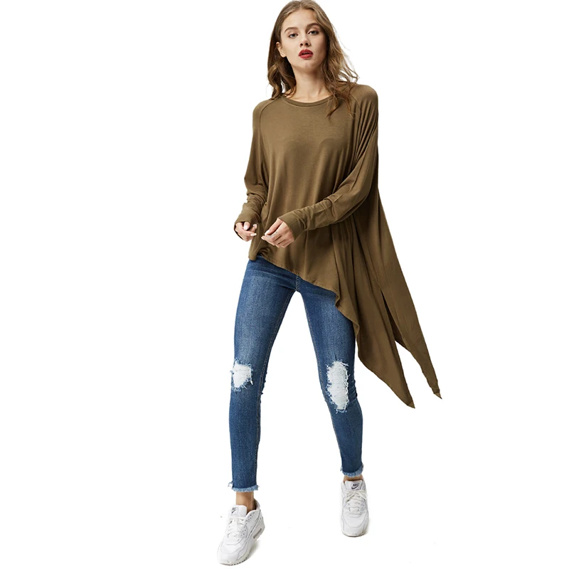 Женская ассиметричная футболка с длинным рукавом Повседневная однотонная