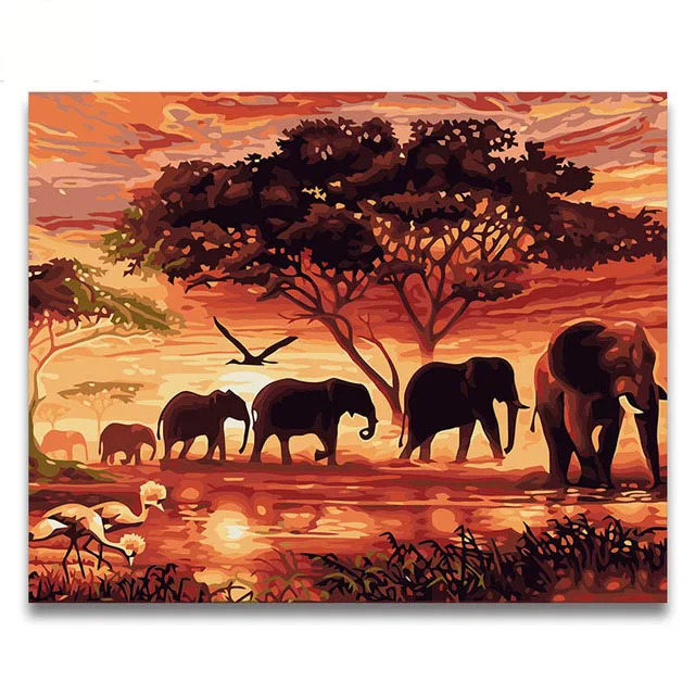 

Animal Sunset African elephant herd DIY oil Painting picture By Numbers with kits on canvas diy draw Coloring paint