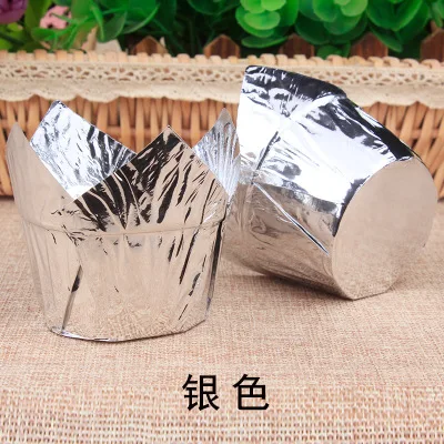 50 Pcs 50 шт., бумажные стаканчики из алюминиевой фольги для кексов, кексов, золотого и серебряного цвета, поднос для выпечки, поднос, чехлы, свадебные кассеты, обертка для кексов - Цвет: 50 Pcs