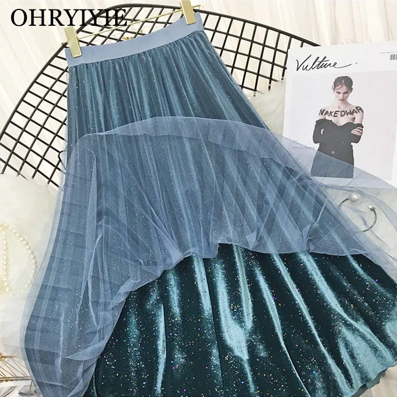 OHRYIYIE 2019 осенне зимние модные бархатные тюлевые юбки с блестками Женская