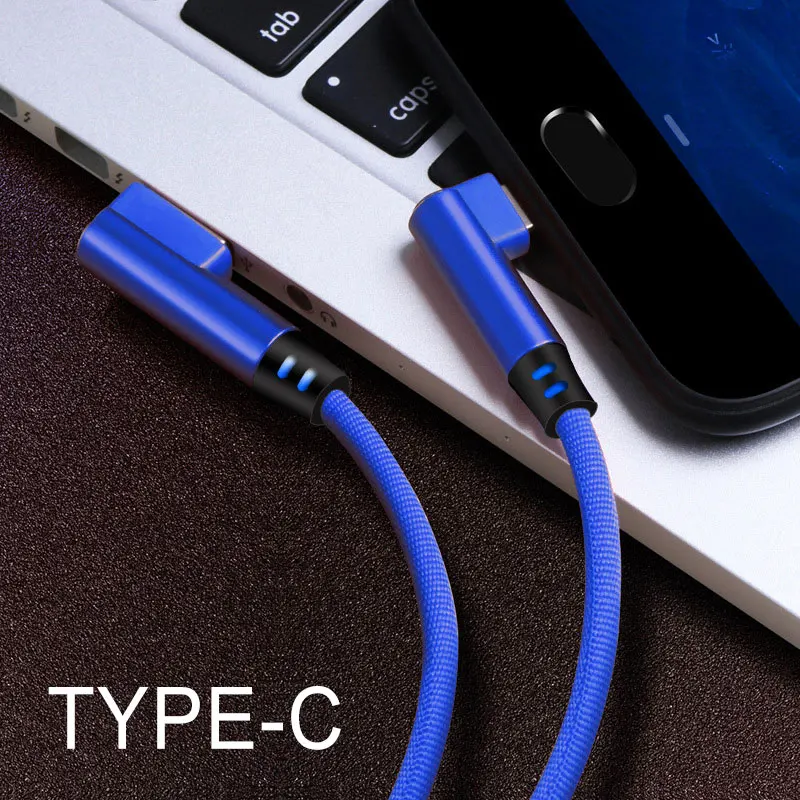 Type c-Blue Двойной кабель для передачи данных игровой кабель для зарядки 90 градусов под прямым углом провода мобильного телефона с светильник для android type c iOS - Цвет: Type c-Blue