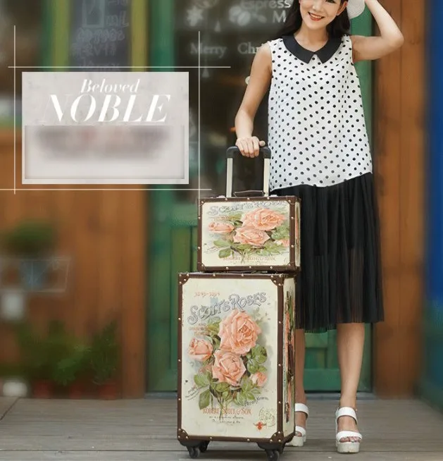 luggage VS smallbag Travel tale 2" 24" 2" дюймов, Ретро стиль, в цветочек, spinner винтаж тележка для багажа, масштабных дорожных чемоданов, высокое качество - Цвет: luggage VS smallbag