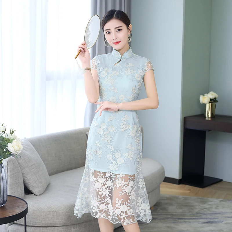 

Shanghai Story Knee Length Qipao Chinese Traditional Dress Oriental dress Chinese Women's Clothing Lace Cheongsam For Women