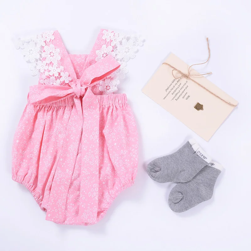 2017 Летом Новорожденных Девочек Детский Комбинезон Розовый Цвет Кружева Цветок