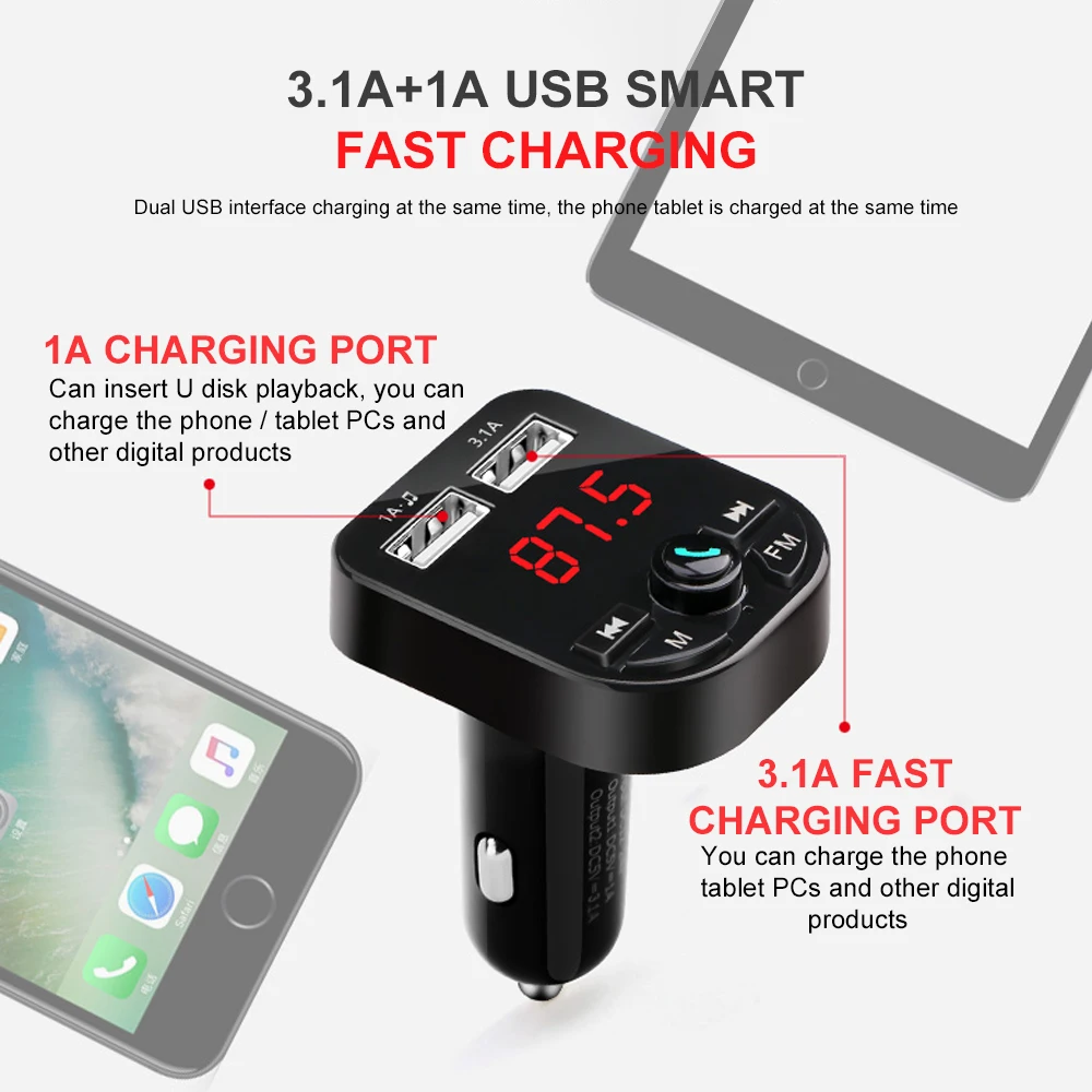 Ascromy Bluetooth 5 0 Handsfree FM передатчик MP3 музыкальный плеер LCD TF карта для xiaomi USB