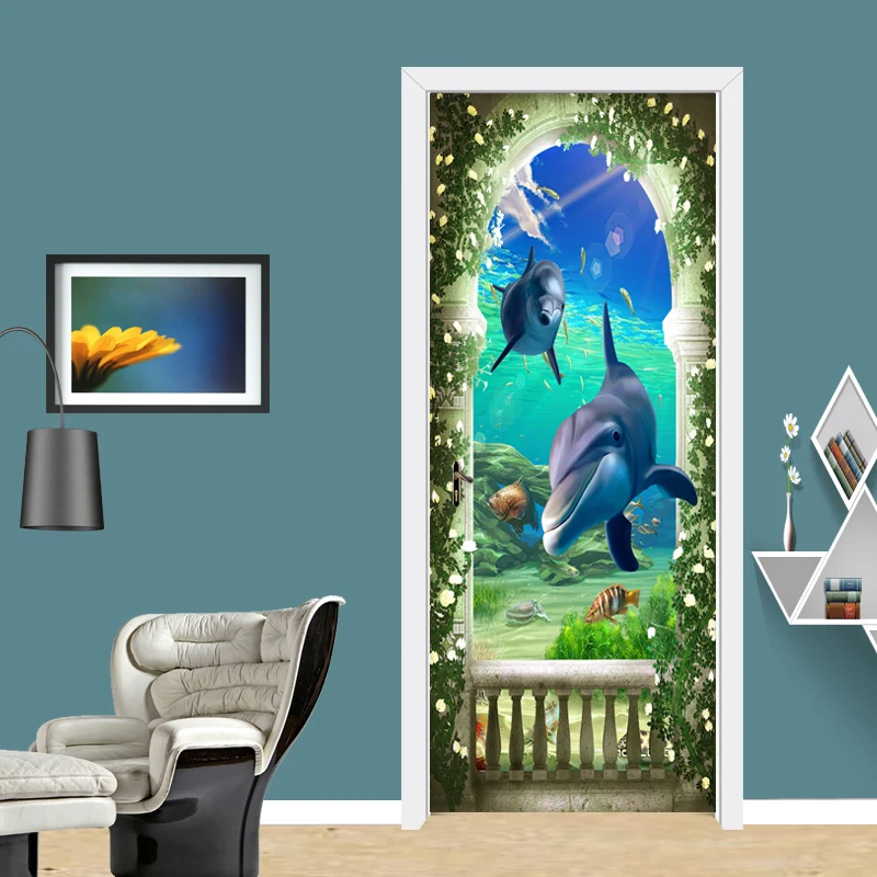 3D наклейка на дверь в виде Римской колонны подводный мир детская спальня