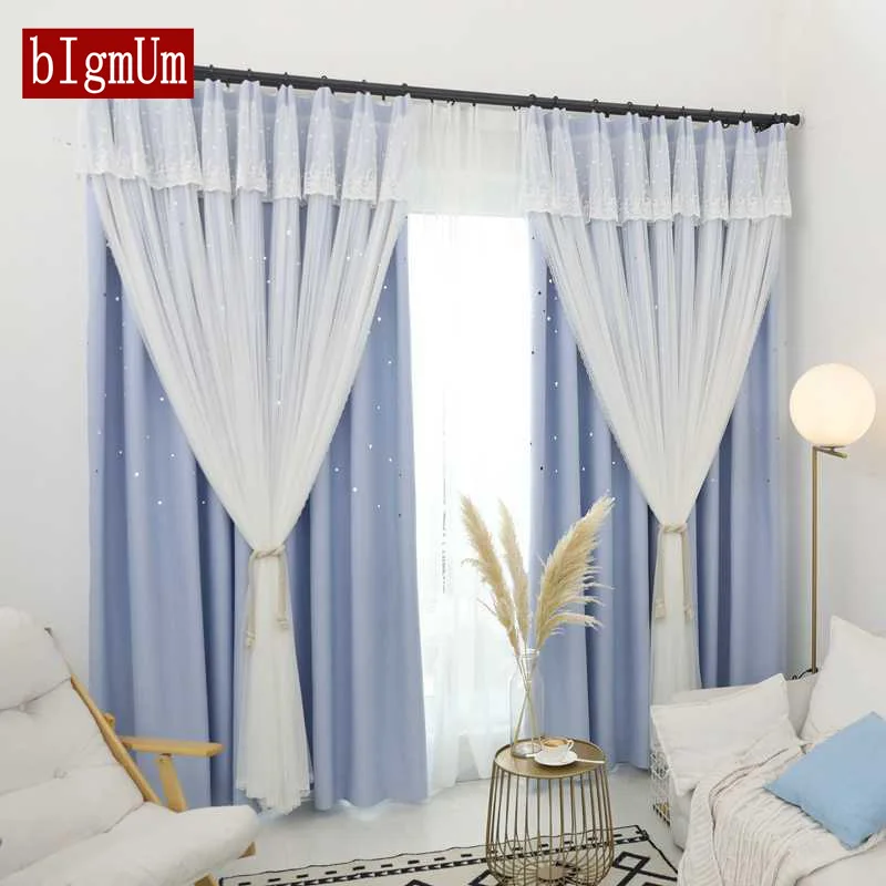 

Romantic Double-layer Hollow-out Stars Curtain Kids Bedroom Curtains Pink/Grey Sheer Window Blackout Curtain for Living Room