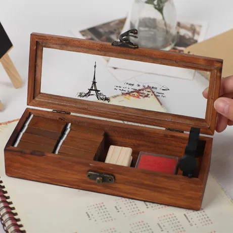

Free Shipping Transparent lid retro old wooden pencil box wood jewelry box wooden tower multifunctional stationery box