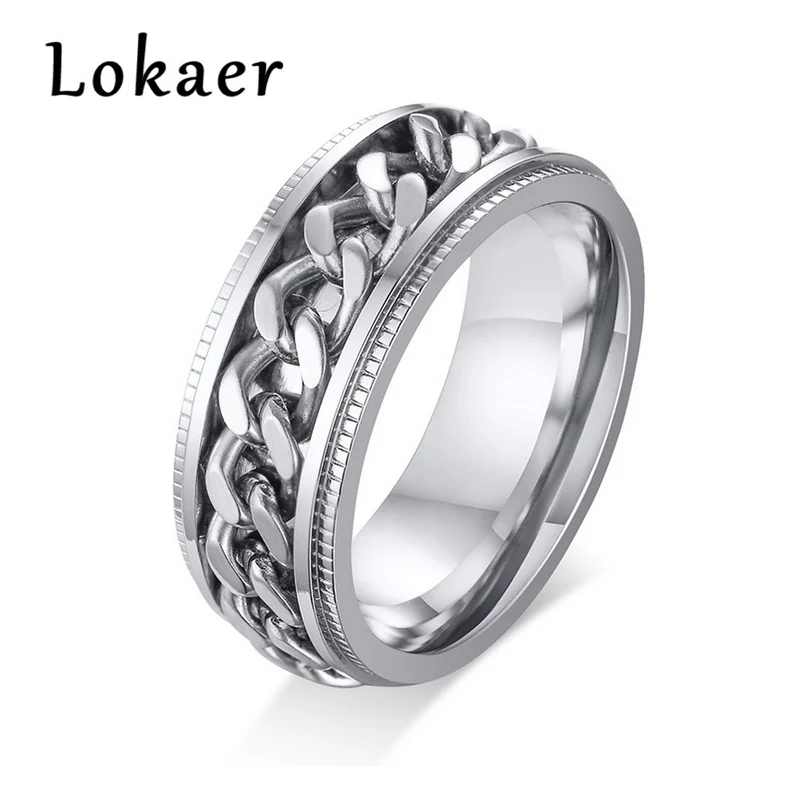 Lokaer хип-хоп серебряные цепи мужские кольца Спиннер из нержавеющей стали медитация обручальные кольца мужские Anel Aneis аксессуары в стиле панк R18103