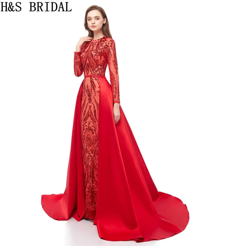 Красное платье Русалка для выпускного вечера с длинным рукавом со съемным