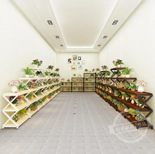 

Iron art flower shelf solid wood anticorrosive multilayer x - shaped rack