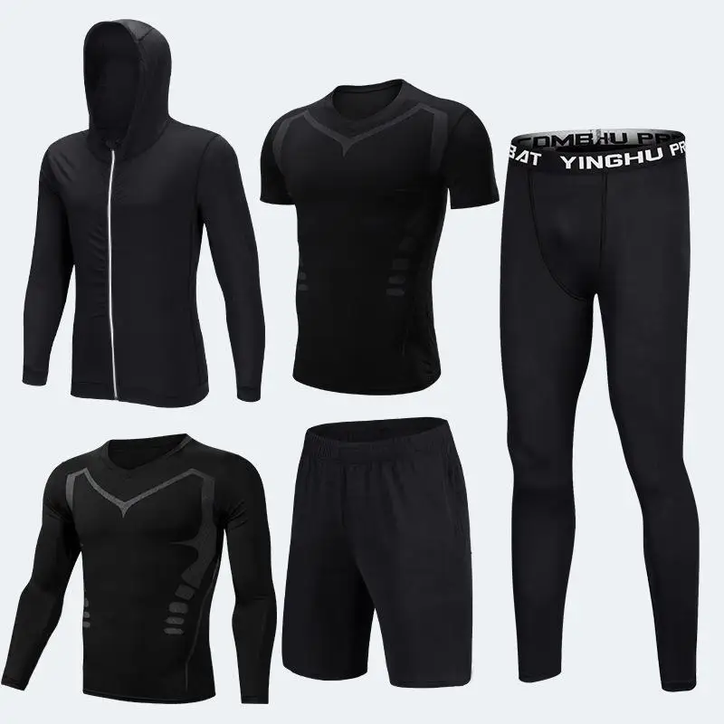 5pcs KH black set Мужская спортивная одежда, Компрессионные спортивные костюмы, одежда для тренировок, Гимнастические Колготки, набор для бега, Быстросохнущий Спортивный костюм размера плюс - Цвет: 5pcs KH black set